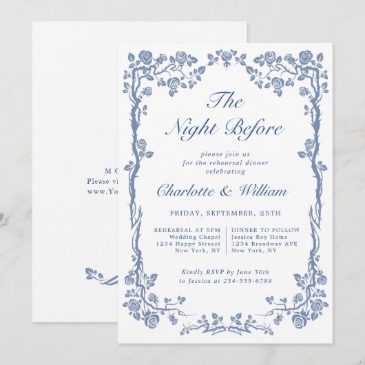 エレガントダスティブルーフランスのガーデンリハーサル 招待状 (正面/裏面)