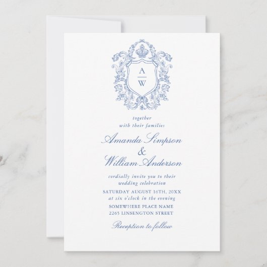 エレガントダスティブルーフランスのガーデン結婚フローラ 招待状 (正面)