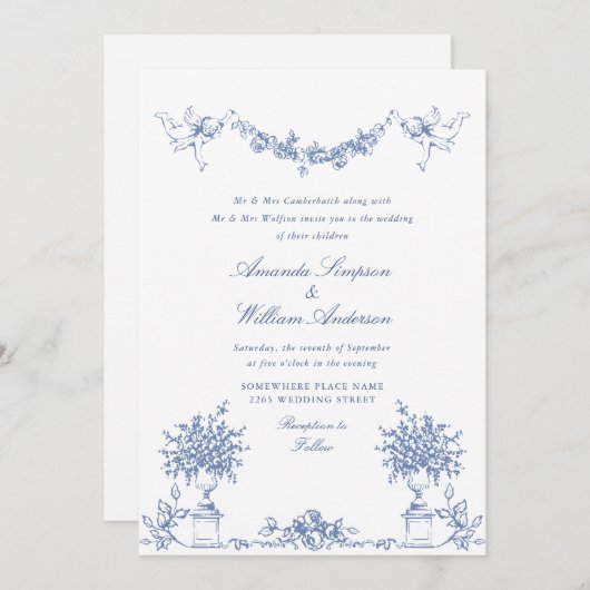 エレガントダスティブルーフランスのガーデン結婚フローラ 招待状 (正面/裏面)