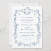 エレガントダスティブルーフランスのガーデン結婚フローラ 招待状 (正面)