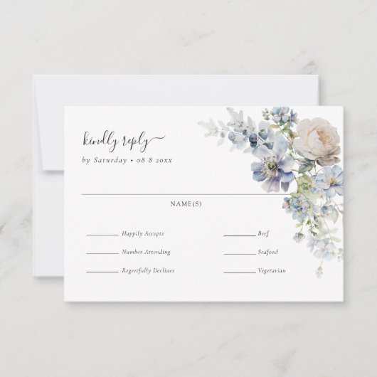 エレガントダスティブルーフローラの結婚食事の選択 出欠カード (正面)