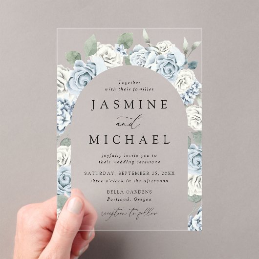 エレガントダスティブルーフローラアーチ結婚フレーム アクリル招待状 (インサイチュ (ポータブル))