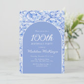 エレガントダスティブルーフローラアーチ100誕生日 招待状 (スタンド正面)