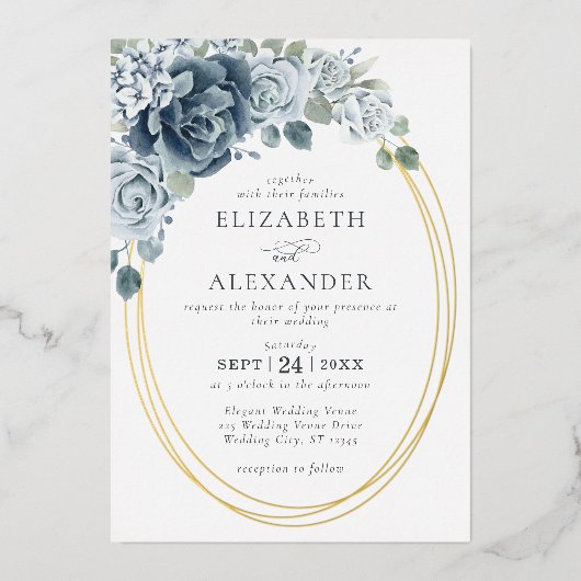 エレガントダスティブルーフローラウォーター結婚カラーの金ゴールド 箔招待状 (正面)