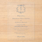 エレガントダスティブルーフローラクレストモノグラム結婚ズ アクリル招待状 (正面)