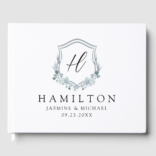 エレガントダスティブルーフローラクレストモノグラム結婚ズ ゲストブック (正面)