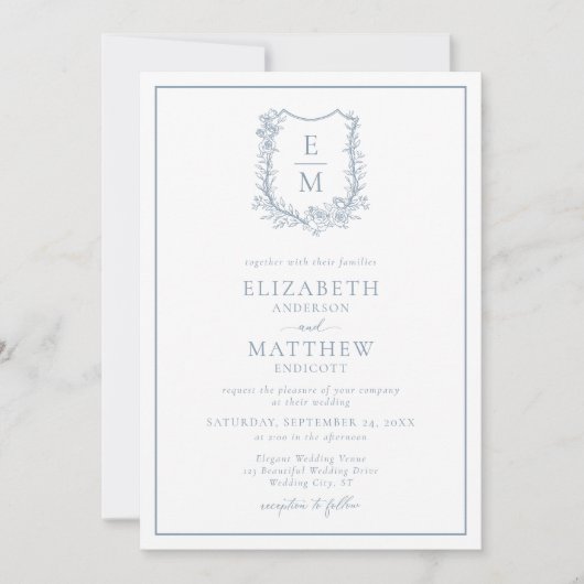 エレガントダスティブルーフローラクレストモノグラム結婚ズ 招待状 (正面)
