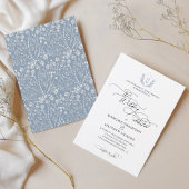 エレガントダスティブルーフローラクレストモノグラム結婚ズ 招待状