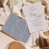 エレガントダスティブルーフローラクレストモノグラム結婚ズ 招待状