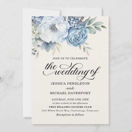 エレガントダスティブルーフローラセージ緑葉 招待状 (正面)