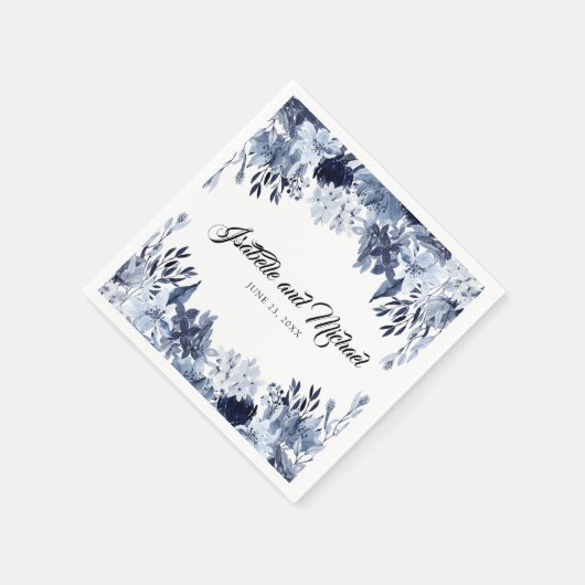 エレガントダスティブルーフローラパーソナライズされた スタンダードカクテルナプキン (角)