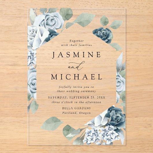 エレガントダスティブルーフローラフレ結婚ーム アクリル招待状 (正面)