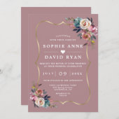 エレガントダスティブルーフローラミスティバラ金ゴールド結婚ズ 招待状 (正面/裏面)