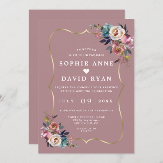 エレガントダスティブルーフローラミスティバラ金ゴールド結婚ズ 招待状 (正面/裏面)