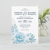 エレガントダスティブルーフローラ水彩写真結婚の 招待状 (スタンド正面)