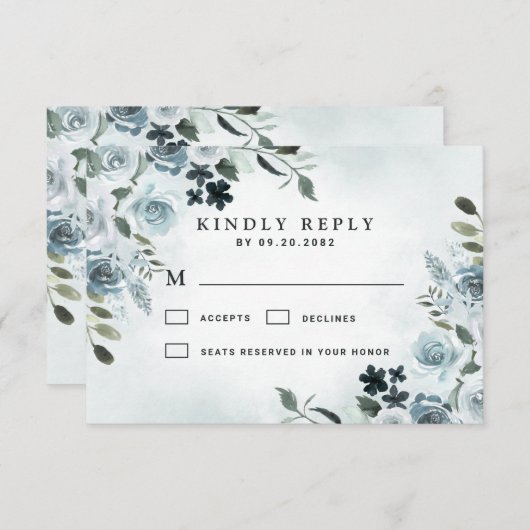 エレガントダスティブルーフローラ水彩海軍結婚ズ 出欠カード (正面/裏面)