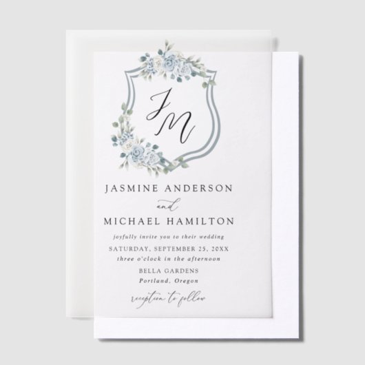 エレガントダスティブルーフローラ結婚クレスト ベラム紙招待状 (オフセット)