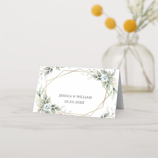 エレガントダスティブルーフローラ結婚グリーンリーのテーブル プレイスカード (裏面)