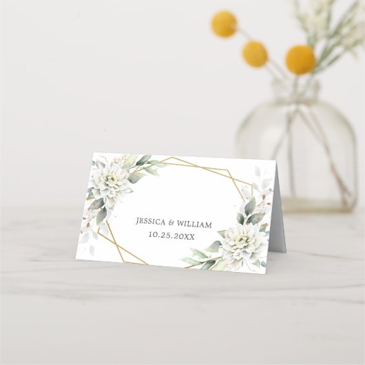 エレガントダスティブルーフローラ結婚グリーンリーのテーブル プレイスカード (裏面)