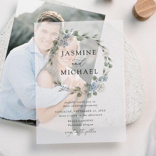 エレガントダスティブルーフローラ結婚リース ベラム紙招待状