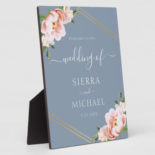 エレガントダスティブルーフローラ赤面結婚金ゴールド フォトプラーク (側面)