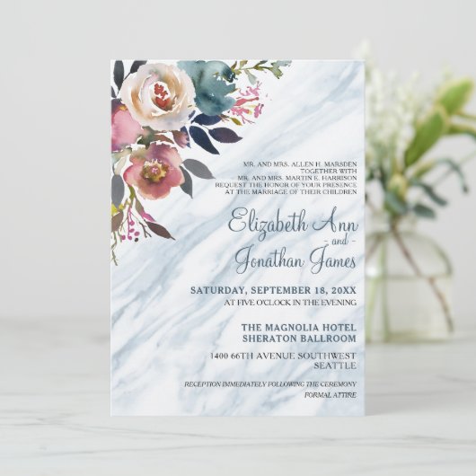 エレガントダスティブルーブルゴーニュフローラマーブル結婚ズ 招待状 (スタンド正面)