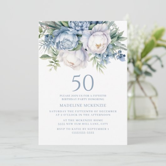 エレガントダスティブルーホワイトフローラ50誕生日 招待状 (スタンド正面)