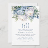 エレガントダスティブルーホワイトフローラ60誕生日 招待状 (正面)