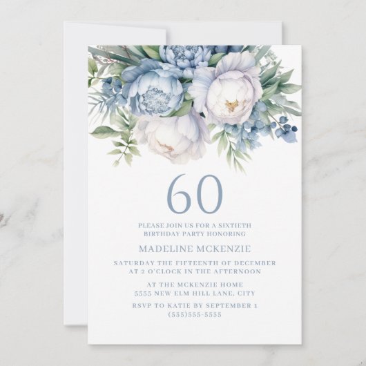 エレガントダスティブルーホワイトフローラ60誕生日 招待状 (正面)