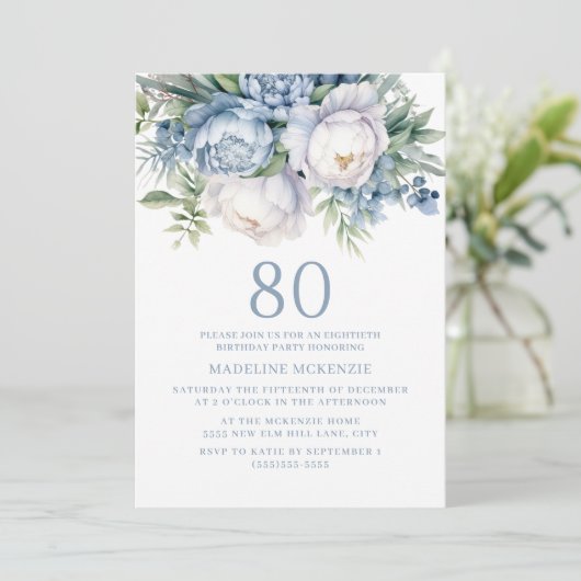 エレガントダスティブルーホワイトフローラ80誕生日 招待状 (スタンド正面)