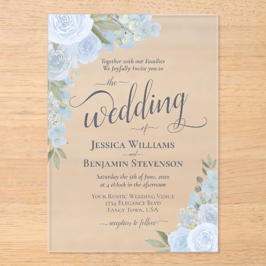 エレガントダスティブルーボホシックバラファンシーズ結婚 アクリル招待状 (正面)