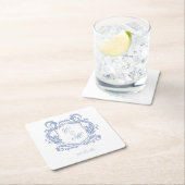 エレガントダスティブルーモノグラム結婚クレスト スクエアペーパーコースター (インサイチュ)