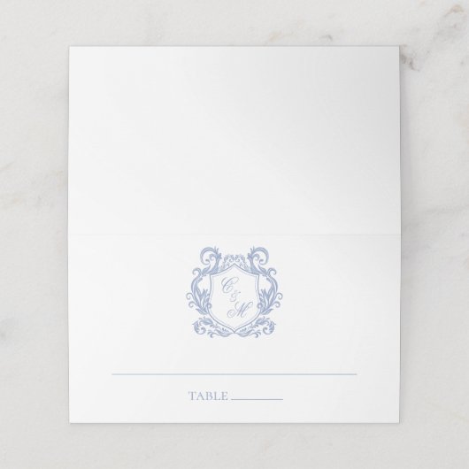 エレガントダスティブルーモノグラム結婚クレスト プレイスカード (外部開封)