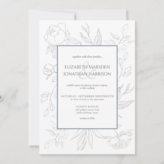 エレガントダスティブルーラインアートフローラシンプル 招待状 (正面)