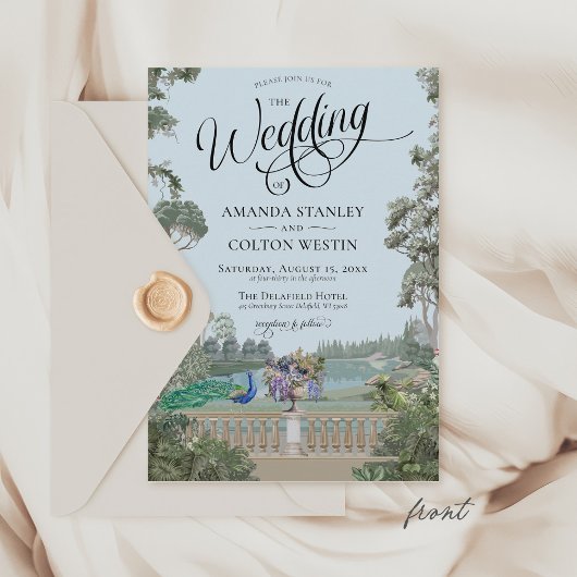 エレガントダスティブルーヴィンテージガーデングリーナリー結婚ズ 招待状