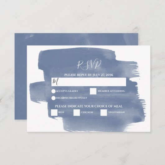 エレガントダスティブルー水彩結婚式RSVPカード 出欠カード (正面/裏面)