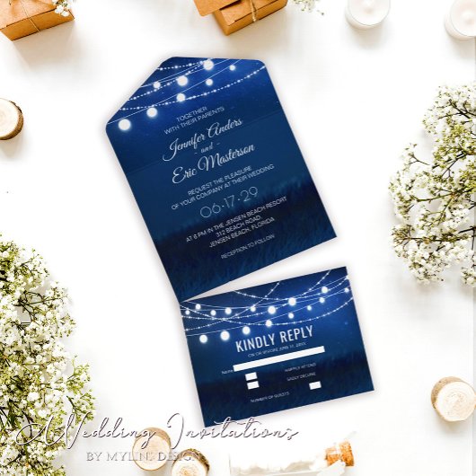 エレガントダスティブルー素朴ストリングラ結婚イト オールインワン招待状