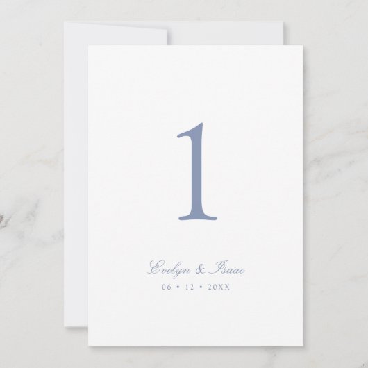 エレガントダスティブルー結婚スクリプトのテーブル番号 招待状 (正面)