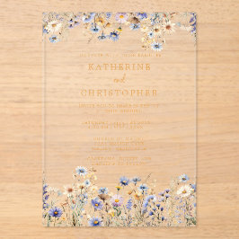 エレガントダスティブルー結婚ワイルドフラワーの金ゴールド アクリル招待状