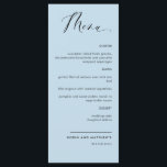 エレガントダスティブルー結婚書道の披露宴 メニュー<br><div class="desc">ダスティエレガントブルー結婚ズまたはディナー披露宴メニューカード。美しコンテンポラリーい手シンプルの書とエレガントデザインとモダン書。ほこりっぽい青い色調の前後の背景色。「さらに」を選択して、前面と背面の両方の背景色を変カスタマイズ更する機能。デザインは、さまざまな色の選択肢で利用可能。「ほこりっぽいバラと埃っぽいブルーイベントシンボルや象徴と製品」コレクションの一部で、シーティングプランカードやテーブル番号、イベントシンボルや象徴など様々な調整製品が用意されている。</div>