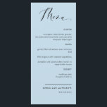 エレガントダスティブルー結婚書道の披露宴 メニュー<br><div class="desc">ダスティエレガントブルー結婚ズまたはディナー披露宴メニューカード。美しコンテンポラリーい手シンプルの書とエレガントデザインとモダン書。ほこりっぽい青い色調の前後の背景色。「さらに」を選択して、前面と背面の両方の背景色を変カスタマイズ更する機能。デザインは、さまざまな色の選択肢で利用可能。「ほこりっぽいバラと埃っぽいブルーイベントシンボルや象徴と製品」コレクションの一部で、シーティングプランカードやテーブル番号、イベントシンボルや象徴など様々な調整製品が用意されている。</div>