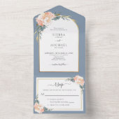 エレガントダスティブルー金ゴールドピーチクリームフローラ結婚ズ オールインワン招待状 (内側)