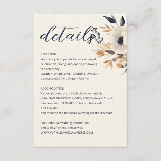 エレガントダスティブルー金ゴールド冬フローラ結婚ズ エンクロージャーカード (正面)