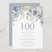 エレガントダスティブルー&ホワイトフローラ100誕生日 招待状 (正面/裏面)