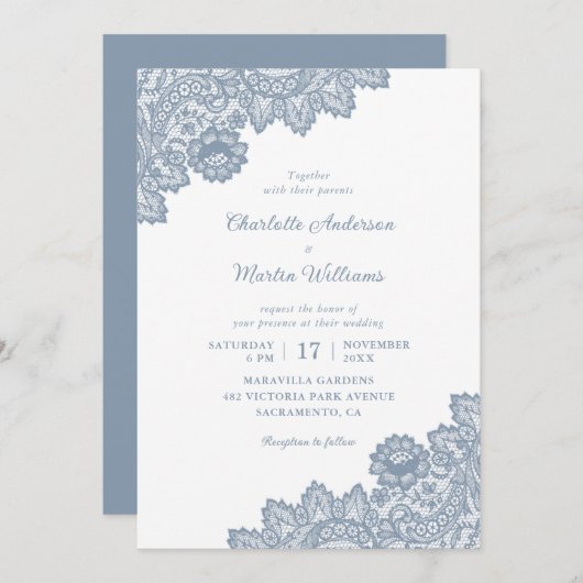 エレガントダスティ・ブルー・フローラ・レー結婚スズ 招待状 (正面/裏面)