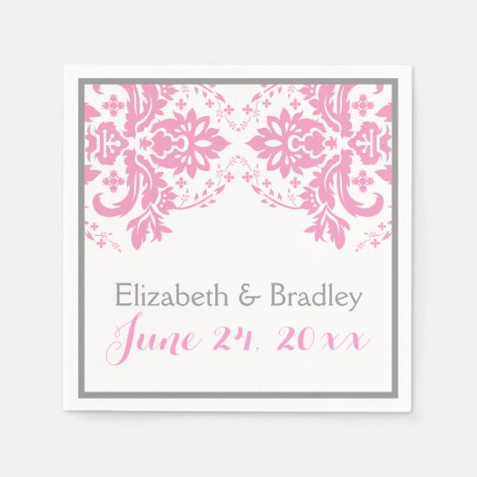 エレガントダマスクのモチ結婚ープピンク スタンダードカクテルナプキン (正面)