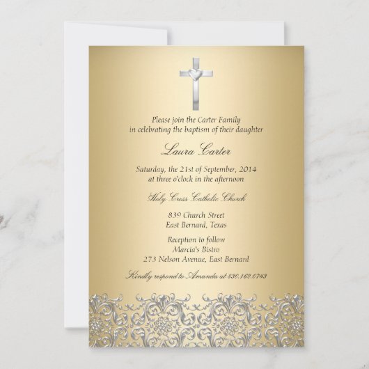 エレガントダマスククロス金ゴールドバプテスマ/《キリスト教》洗礼式や命名式 招待状 (正面)