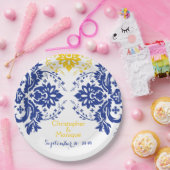 エレガントダマスク王室のモチーフブルー結婚イエロー ペーパープレート (パーティー)