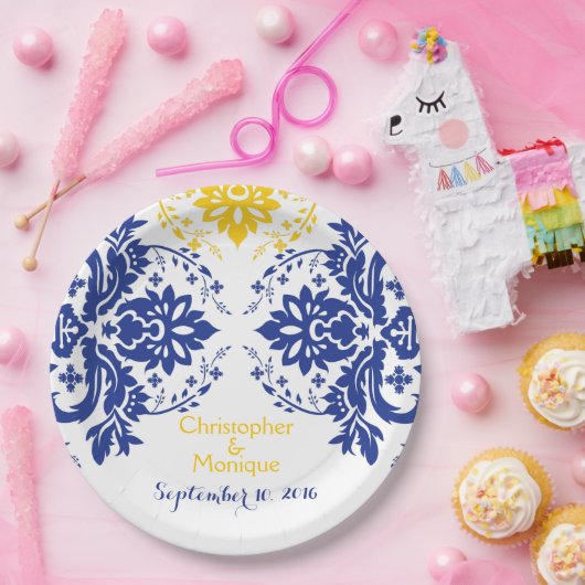 エレガントダマスク王室のモチーフブルー結婚イエロー ペーパープレート (パーティー)