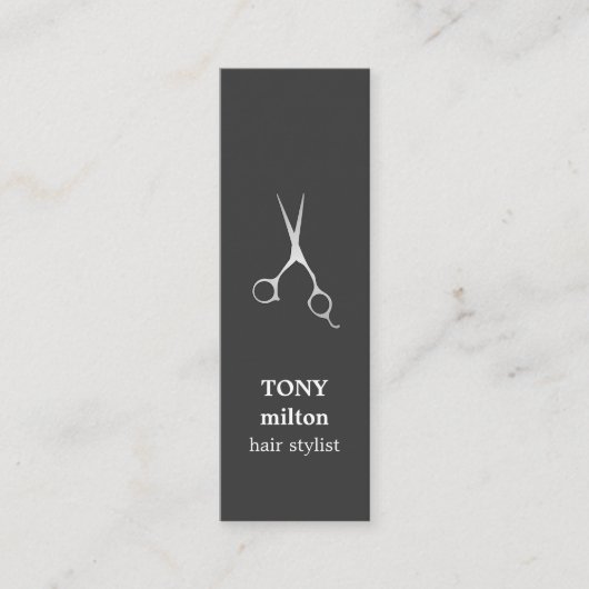 エレガントダークグレイフェイクシルバーシザーヘアスタイリスト スキニー名刺 (正面)